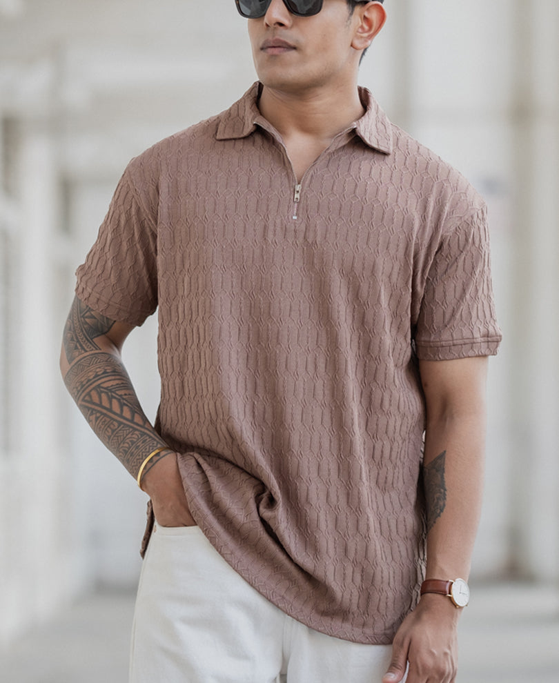 Dusty Brown Textured Polo T-Shirt