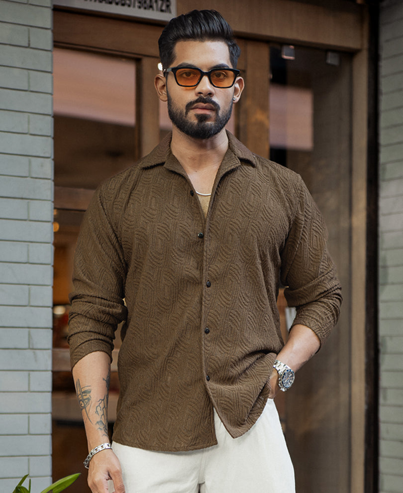 Brown Regular Fit Structured Full Sleeves Shirt