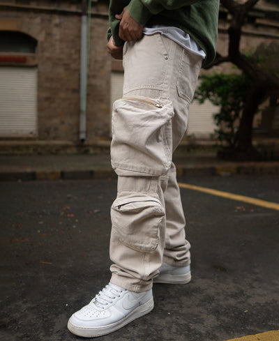 Off White Multi Pocket Baggy Fit Cargo Jeans