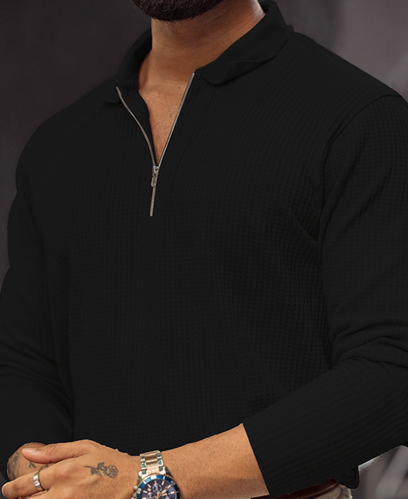Black Regular Fit Full Sleeves Collar Neck T-Shirt With Chain