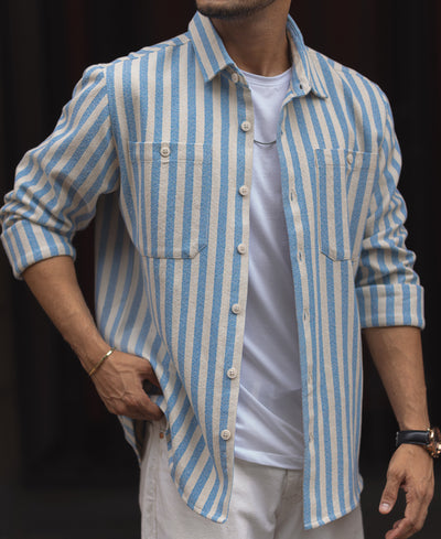 Blue And White Stripes Regular Fit Full Sleeves Shirt