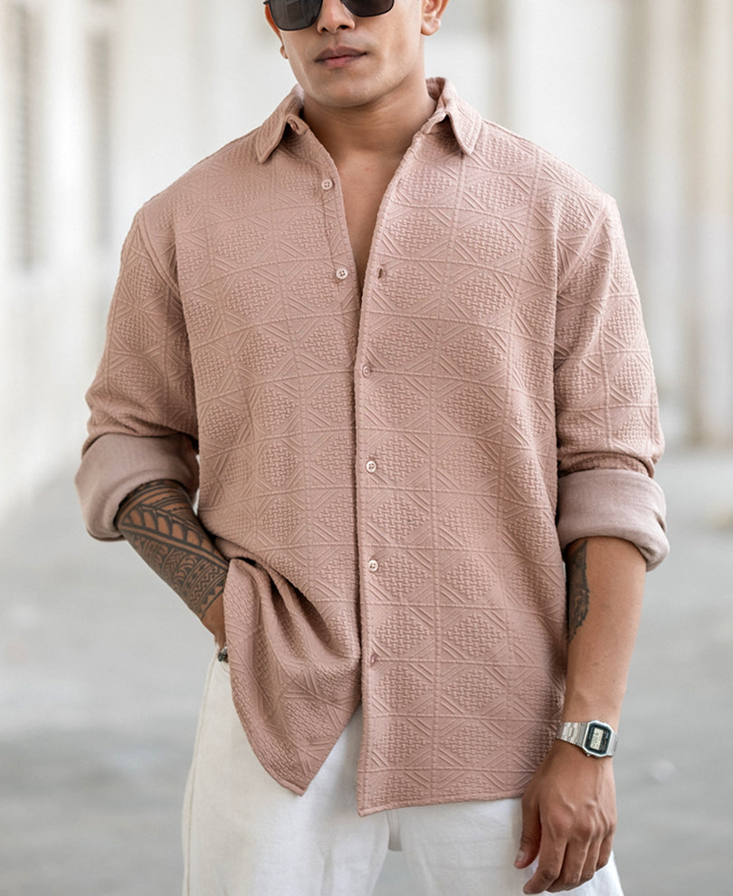 Beige Structured Full Sleeves Regular Fit Shirt