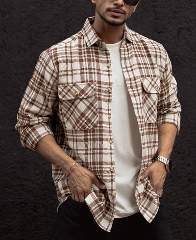 Off-White And Beige Checks Regular Fit Full Sleeves Shirt