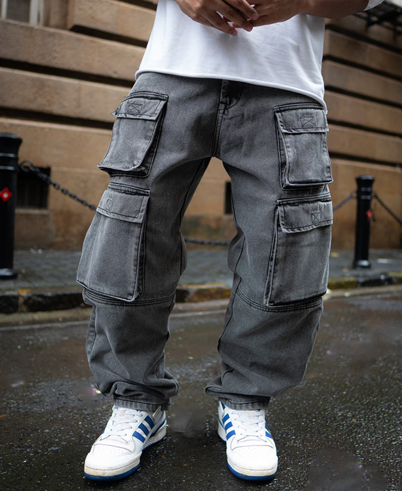 Grey Baggy Fit Denim Cargo Jeans