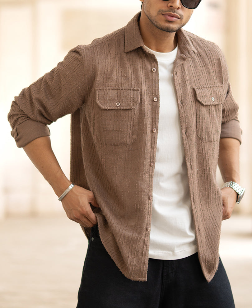 Dark Camel Textured Regular Fit Full Sleeves Shirt