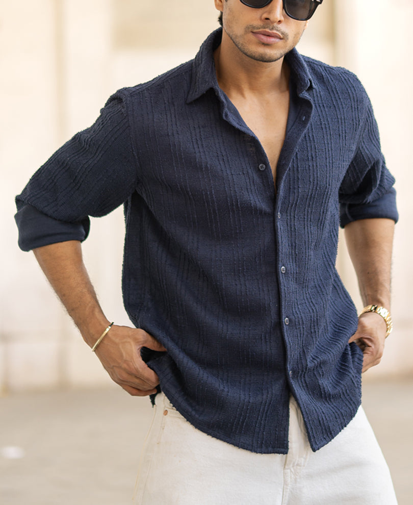 Navy Blue Structured Full Sleeves Shirt