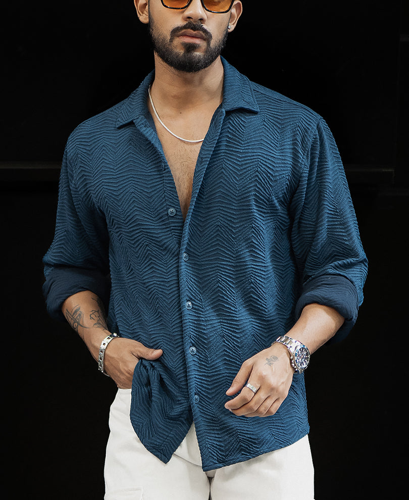 Teal Blue Regular Fit Structured Shirt