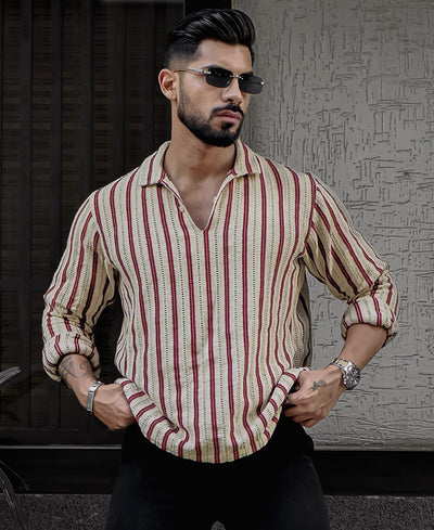 Beige And Maroon Striped Regular Fit Full Sleeves Kurta Style Shirt