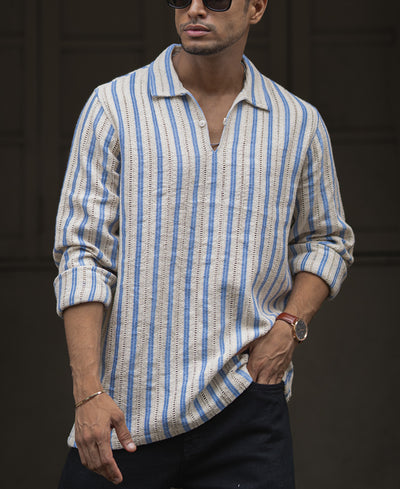 Beige And Sky Blue Striped Regular Fit Full Sleeves Kurta Style Shirt