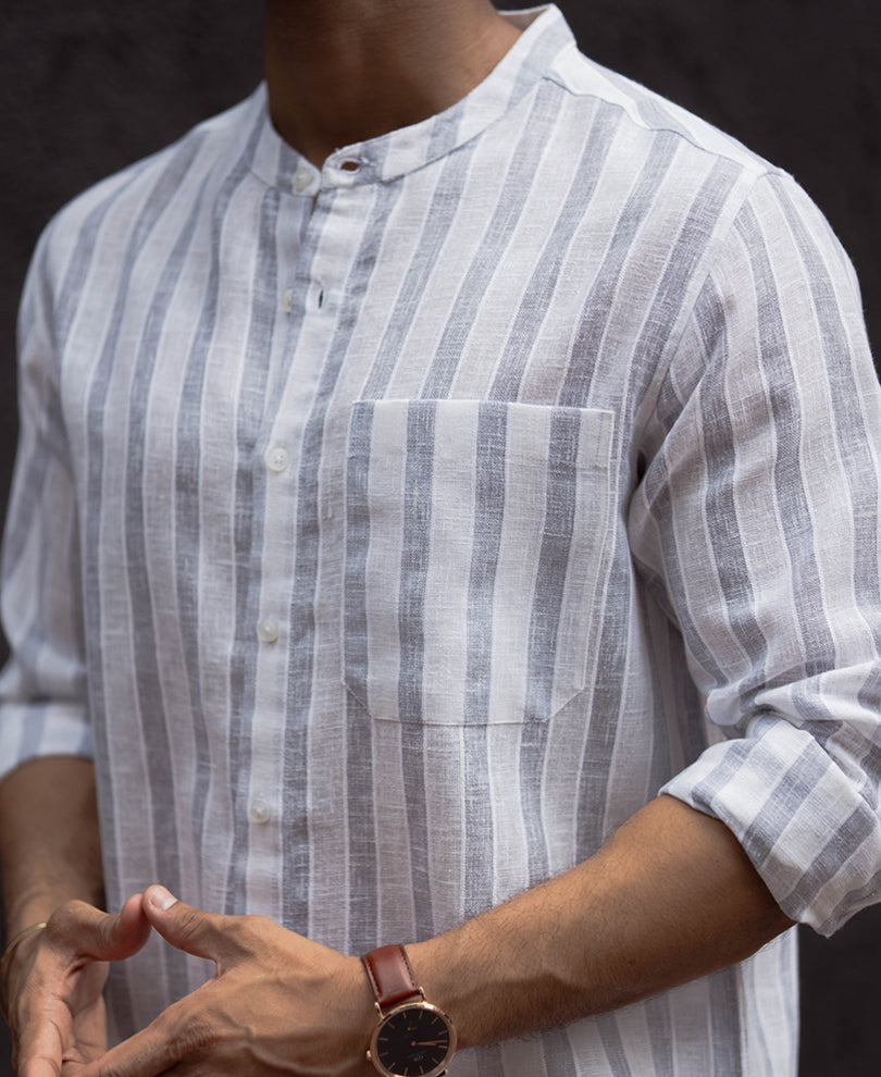 White And Grey Regular Fit Full Sleeves Shirt