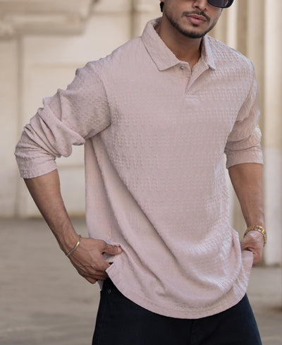 Beige Structured Regular Fit Full Sleeves Polo T-Shirt