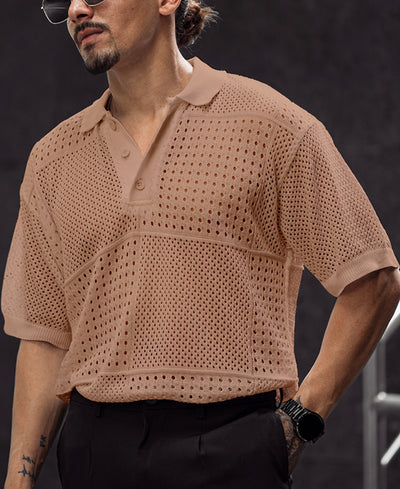Brown Half Sleeves Oversized Crochet T-Shirt