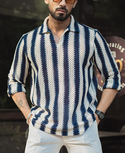 Navy Blue And Off White Stripes Regular Fit Full Sleeves Shirt