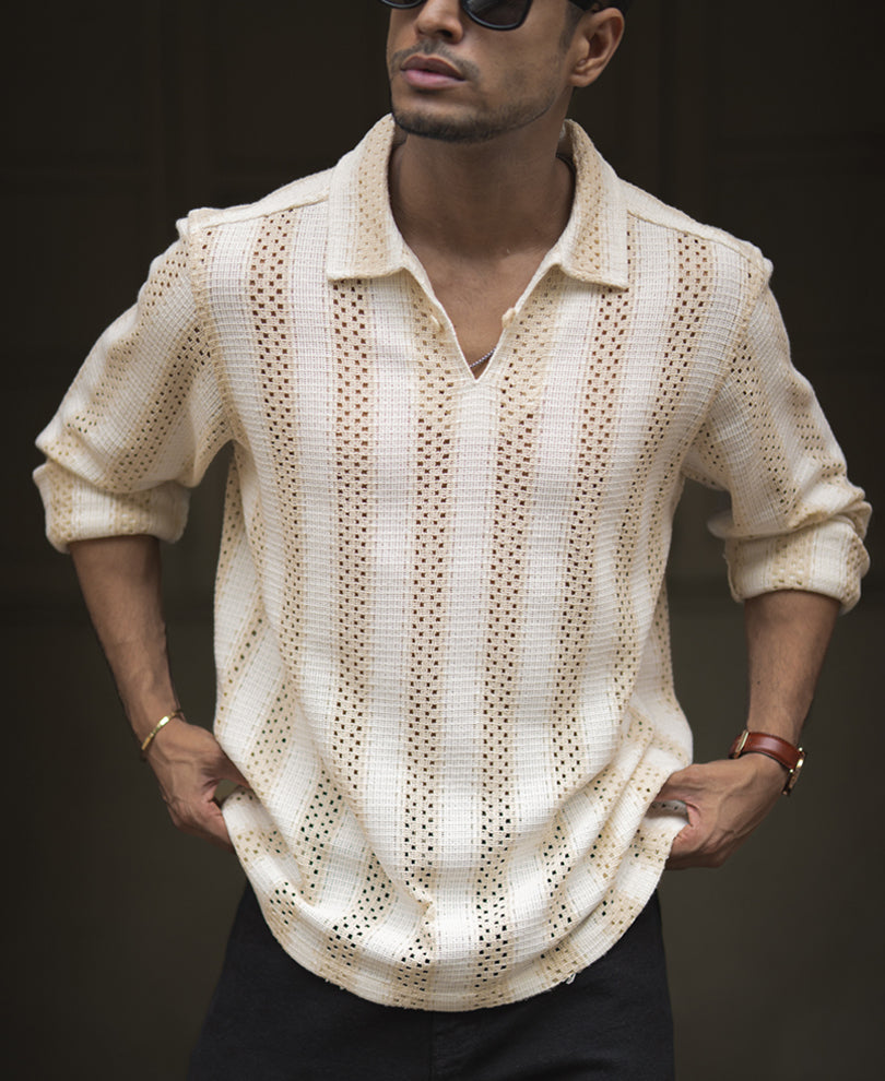 Beige & White Crochet Striped Regular Fit Full Sleeve Shirt