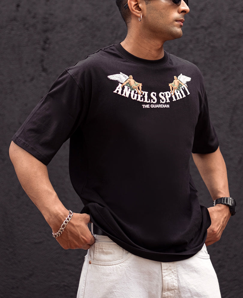Black Printed Oversized Half Sleeves T Shirt with Side Zippers