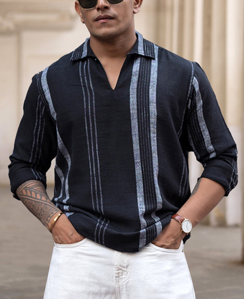 Black Striped Regular Fit Full Sleeves Kurta Style Shirt