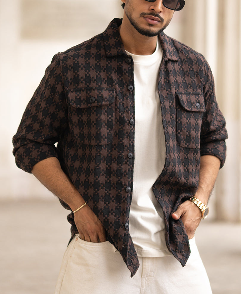 Brown And Black Structured Regular Fit Full Sleeves Shirt