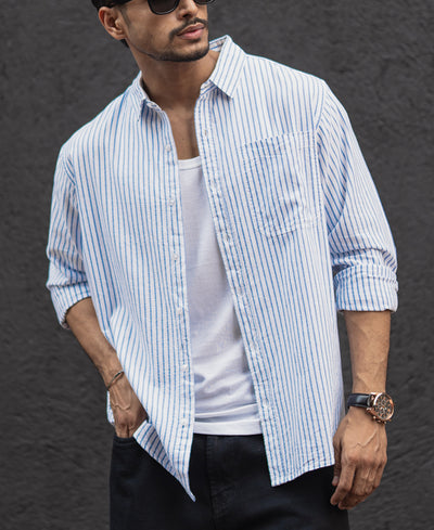 White and Blue Stripes Regular Fit Full Sleeves Shirt