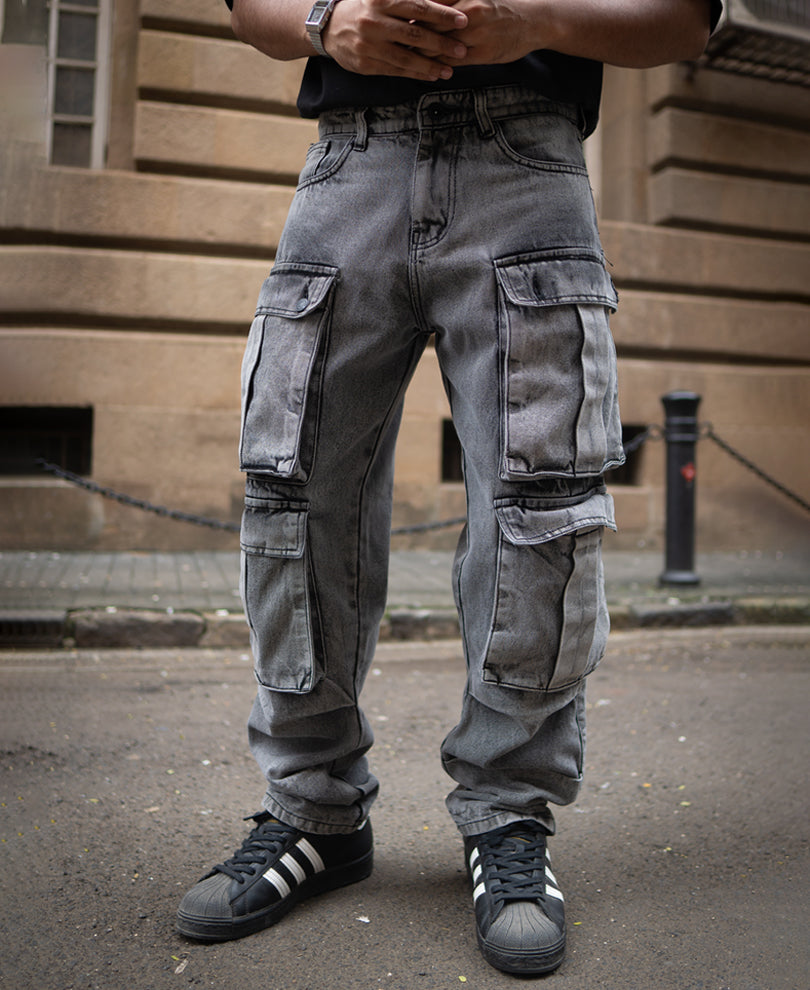Grey Baggy Fit Cargo Denim Jeans