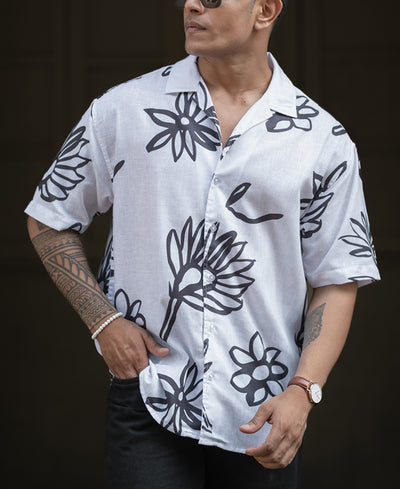 White And Black Floral Printed Oversized Half Sleeves Shirt