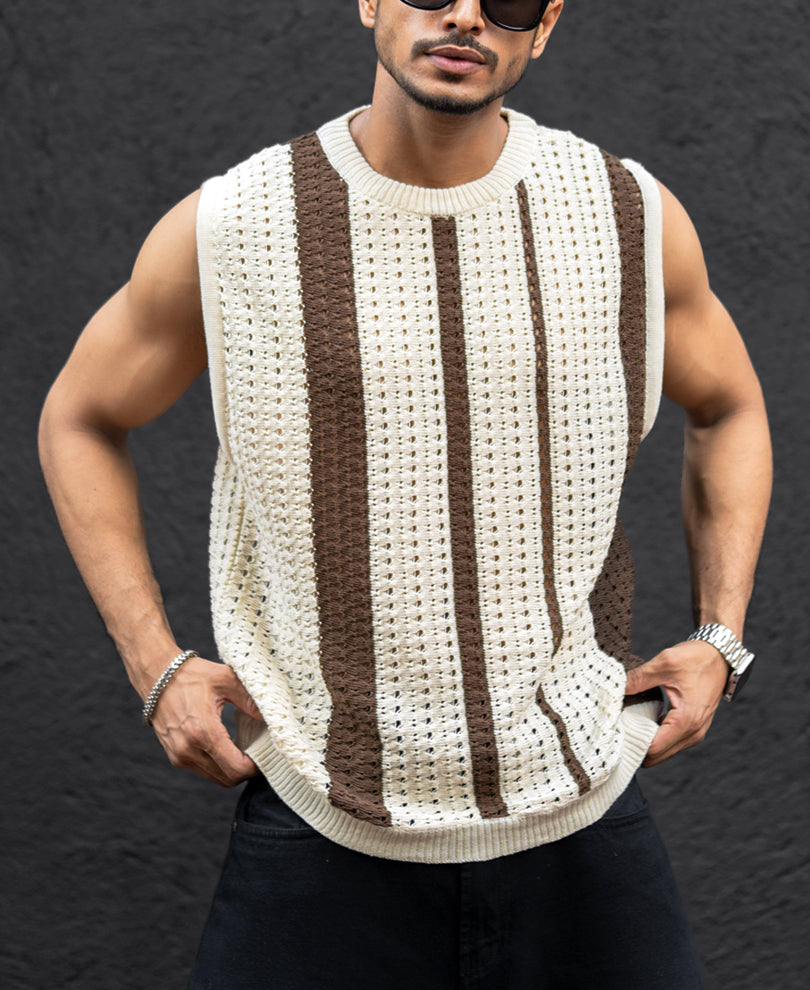 Brown Regular Fit Striped Crochet Vest