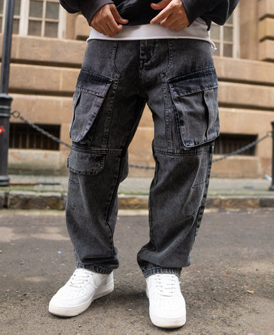 Carbon Black Baggy Fit Cargo Denim with pockets