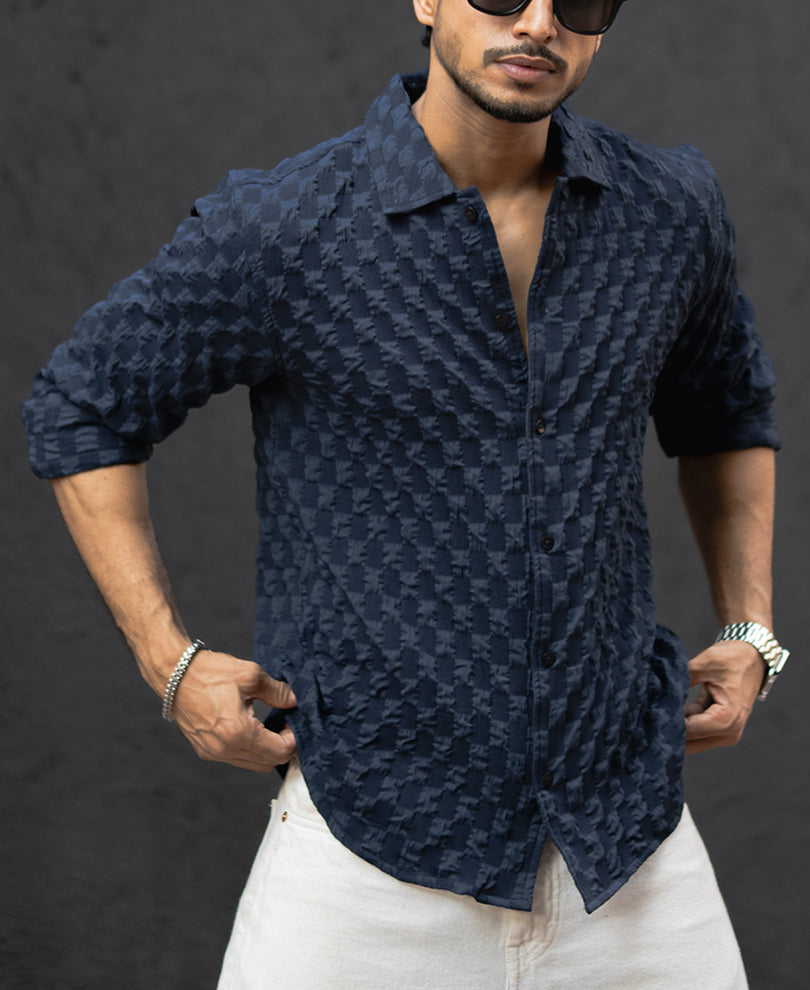 Navy Blue Structured Full Sleeves Regular Fit Shirt