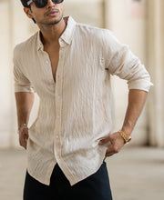 Cream Structured Regular Fit Full Sleeves Shirt.