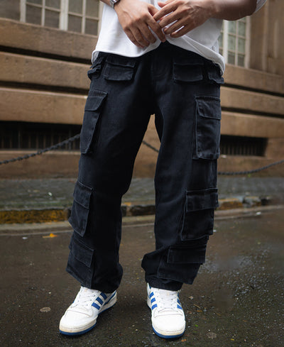 Black Baggy Fit Denim Jeans with Cargo Pockets