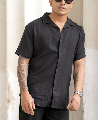 Black Linen Regular Fit Half Sleeves Shirt
