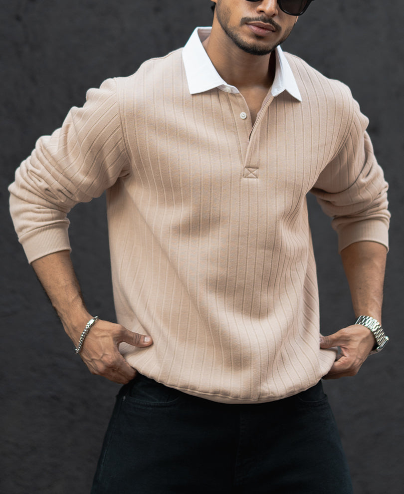 Light Beige Full Sleeves Regular Fit T-Shirt