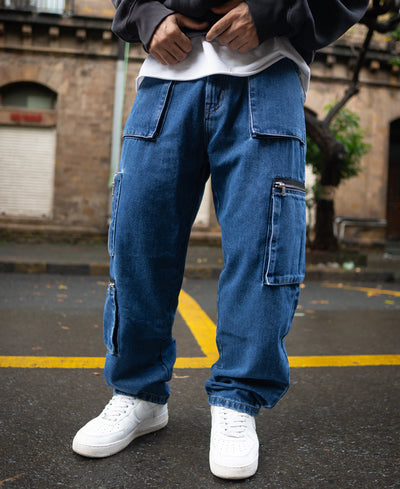 Dark Blue Solid Baggy Fit Cargo Denim Jeans