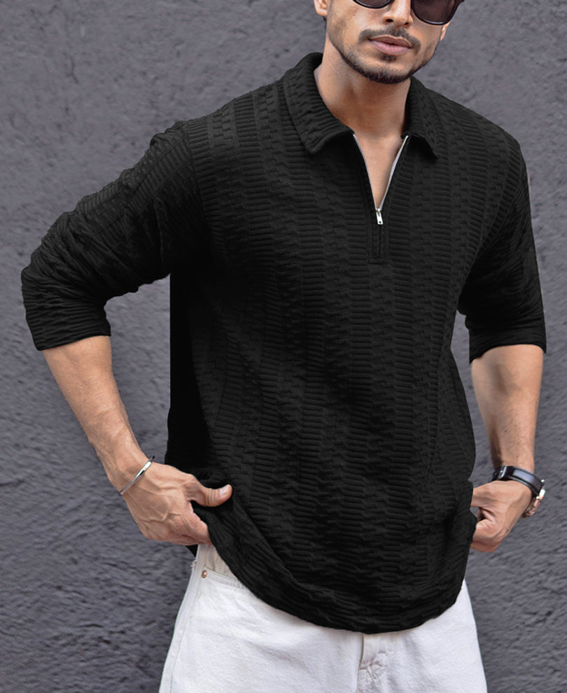 Black Collar Neck Regular Fit Full Sleeves T-Shirt