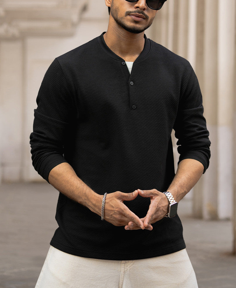 Black Structured Regular Fit Full Sleeves T-Shirt