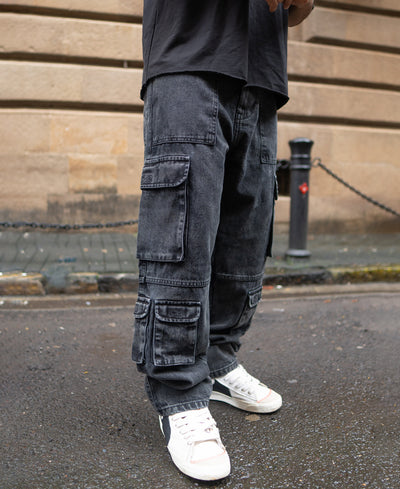 Charcoal Black Multi Pockets Baggy Fit Denim Jeans