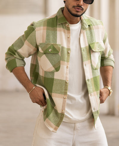 Green And Offwhite Checked Regular Fit Full Sleeves Shirt