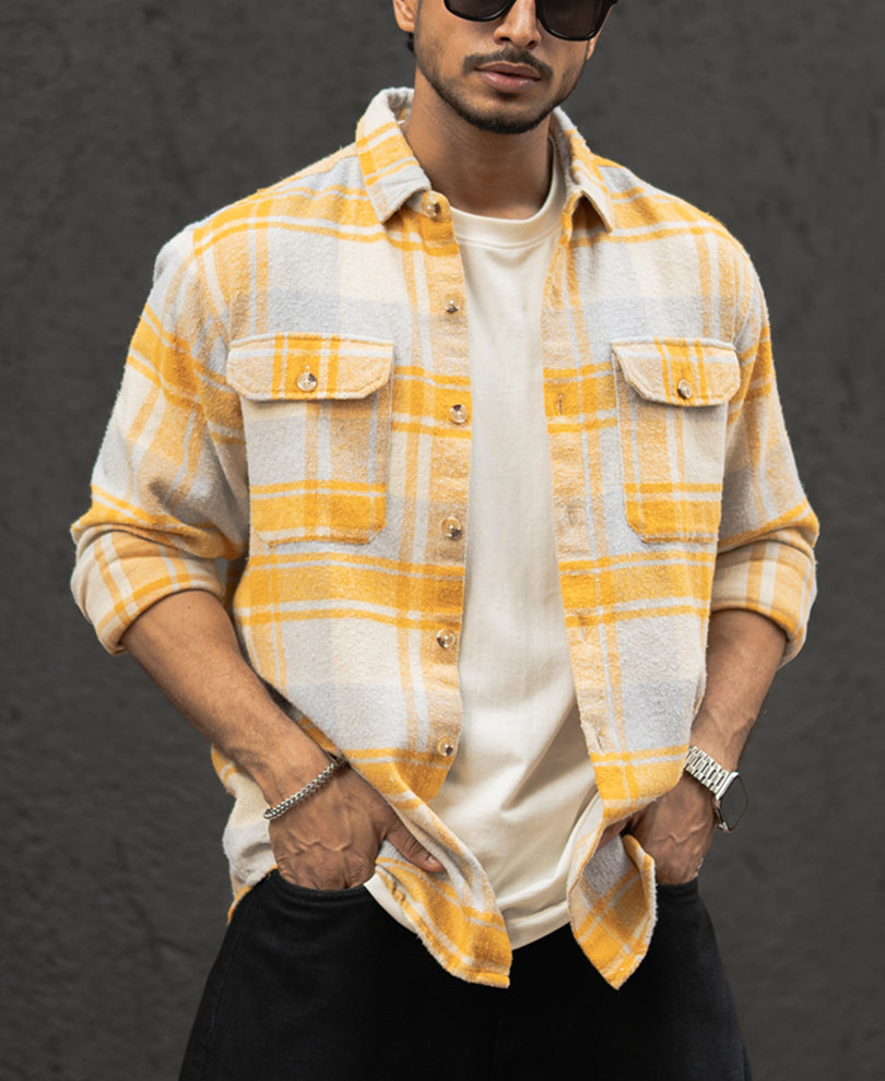 Mustard And Off-White Checks Regular Fit Full Sleeves Shirt