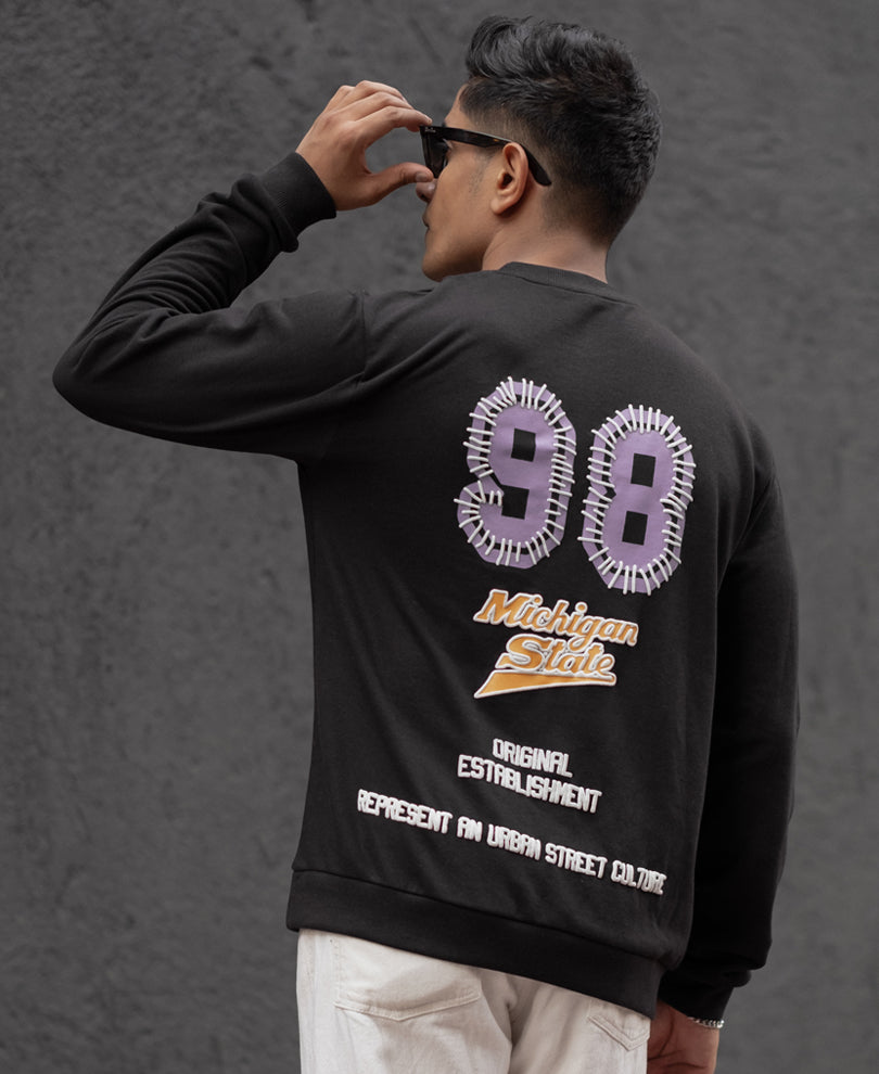 Black Printed Regular Fit Full Sleeves T-Shirt