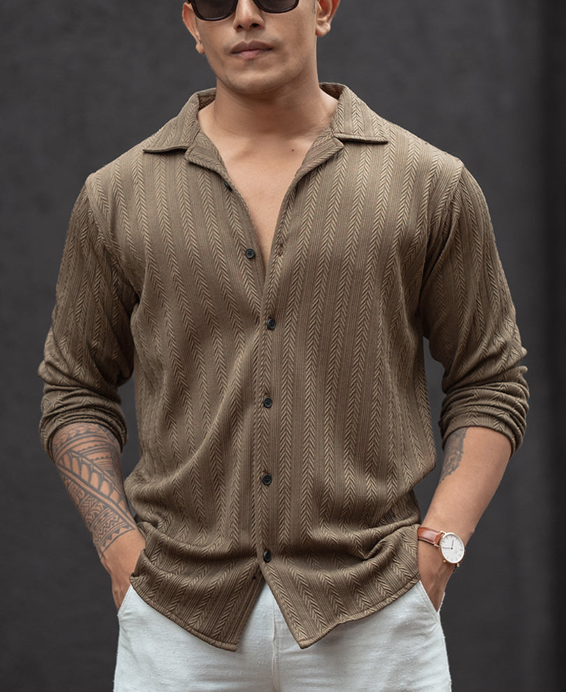Brown Structured Regular Fit Full Sleeves Shirt
