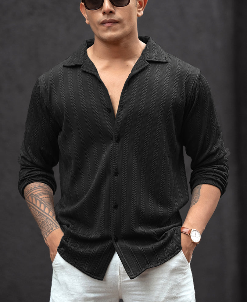 Black Structured Regular Fit Full Sleeves Shirt