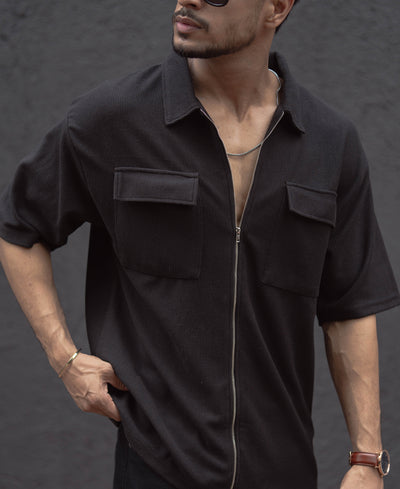 Black Oversized Half Sleeves Shirt With Zip