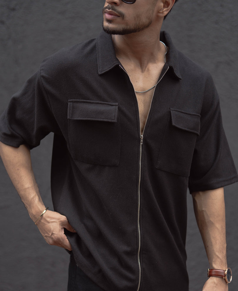 Black Oversized Half Sleeves Shirt With Zip