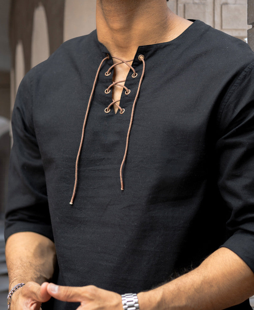 Black Regular Fit Kurta Style Full Sleeves Shirt