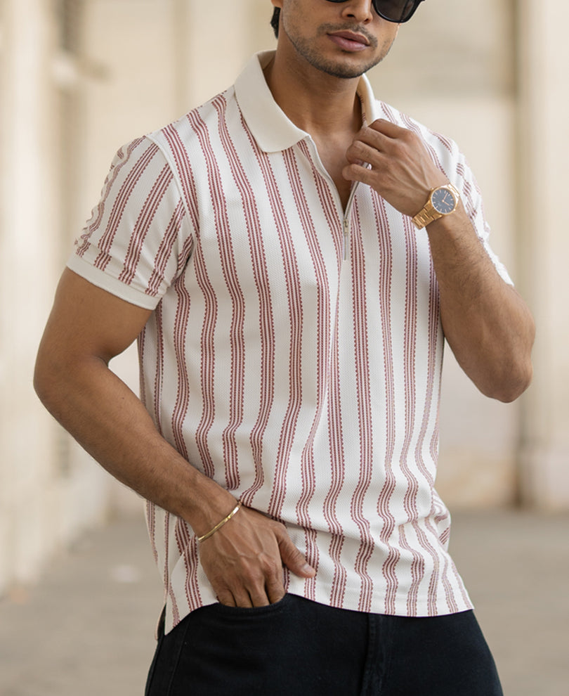 Off-White And Maroon Stripe Regular Fit Half Sleeves T-Shirt