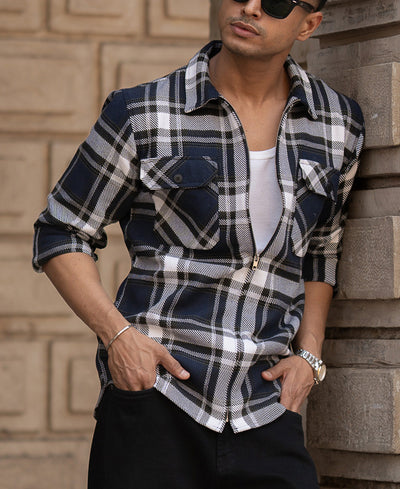 Navy Checks Zipper Shirt