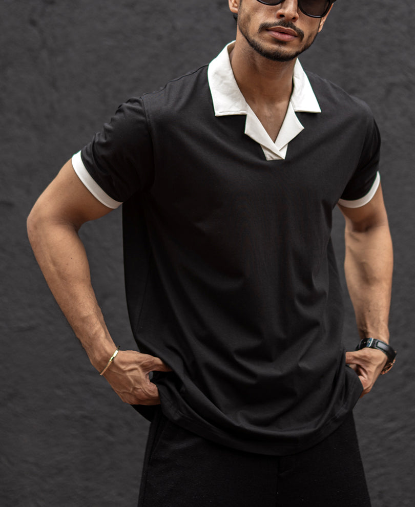 Black Cuban Collar Regular Fit Half Sleeves T-Shirt