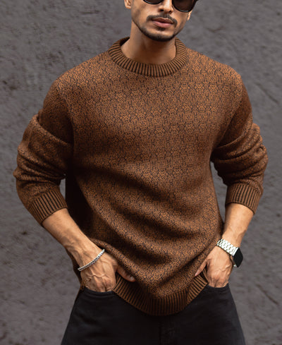 Brown Regular Fit Full Sleeves Round Neck Sweater