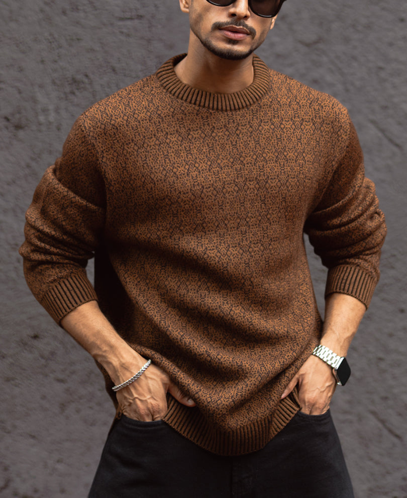 Brown Regular Fit Full Sleeves Round Neck Sweater