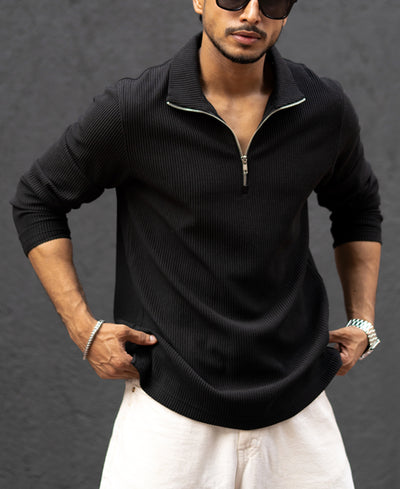 Black Structured Full Sleeves Regular Fit T-Shirt