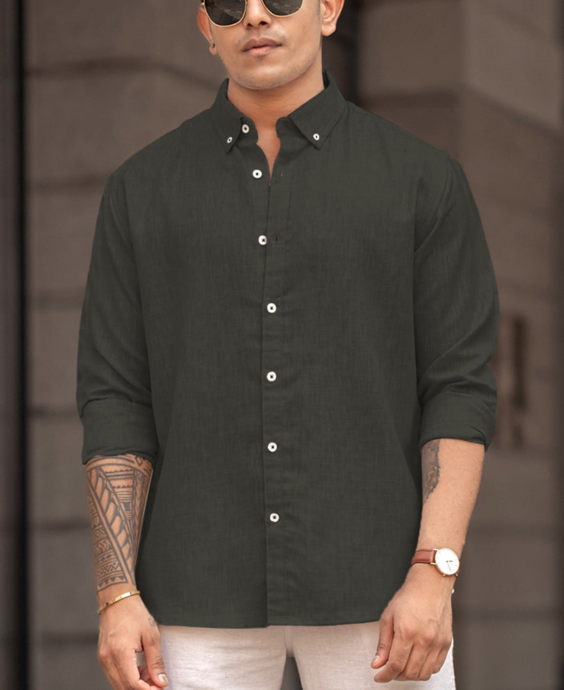 Olive Green Regular Plain Fit Full Sleeves